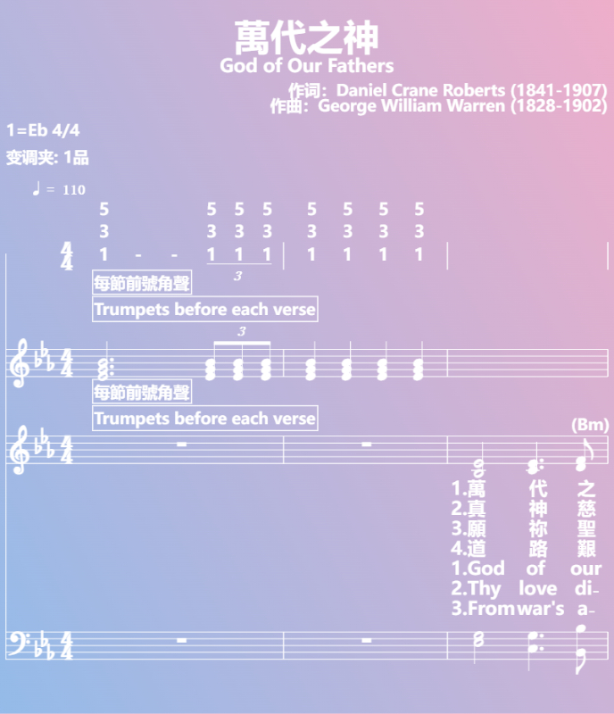 赞美诗歌谱：萬代之神-God of Our Fathers (五线谱|简谱|和弦)