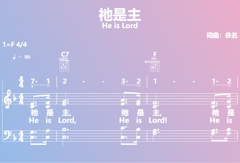 赞美诗歌谱：祂是主-He is Lord (五线谱|简谱|和弦)