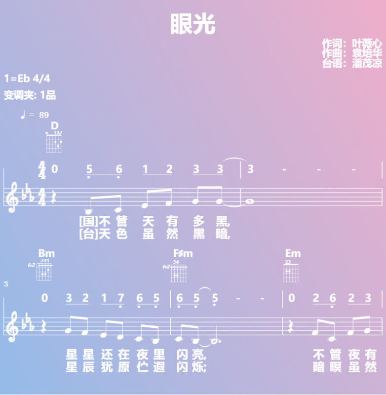 赞美诗歌谱：眼光 (五线谱|简谱|和弦)