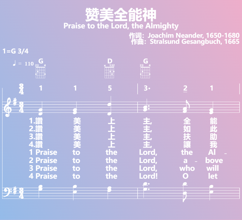 赞美诗歌谱：赞美全能神-Praise to the Lord, the Almighty (五线谱|简谱|和弦)