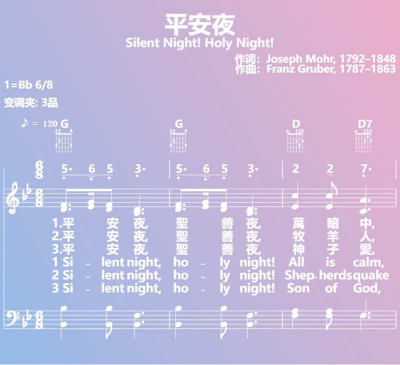 赞美诗歌谱：平安夜-Silent Night! Holy Night! (五线谱|简谱|和弦)