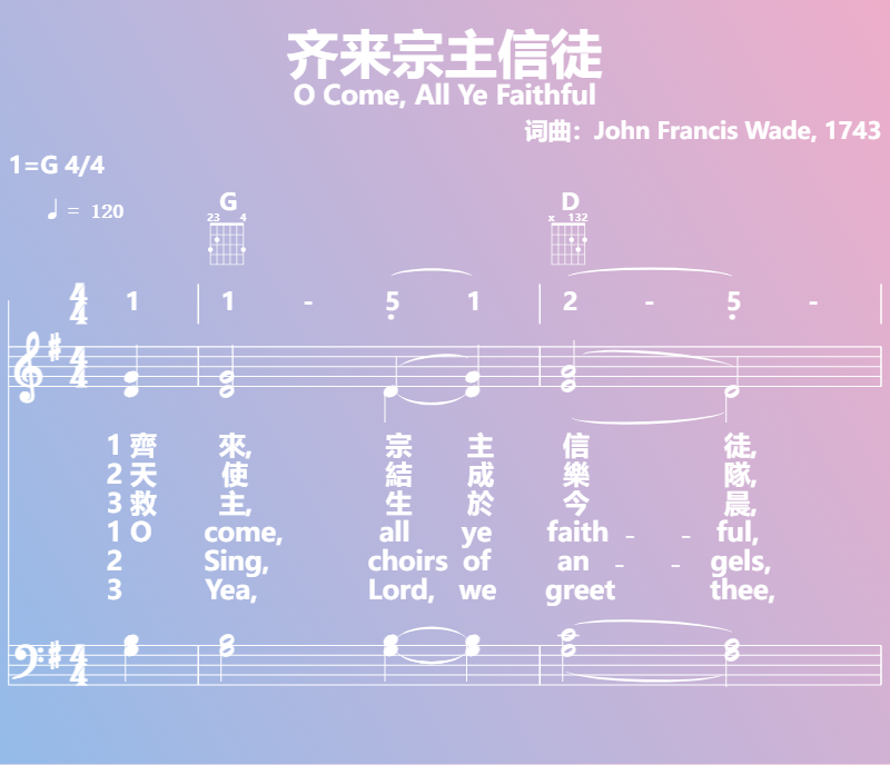 赞美诗歌谱：齐来宗主信徒-O Come, All Ye Faithful (五线谱|简谱|和弦)