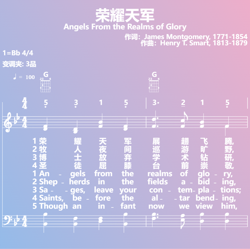 赞美诗歌谱：荣耀天军-Angels From the Realms of Glory (五线谱|简谱|和弦)