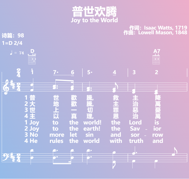 赞美诗歌谱：普世欢腾-Joy to the World (五线谱|简谱|和弦)