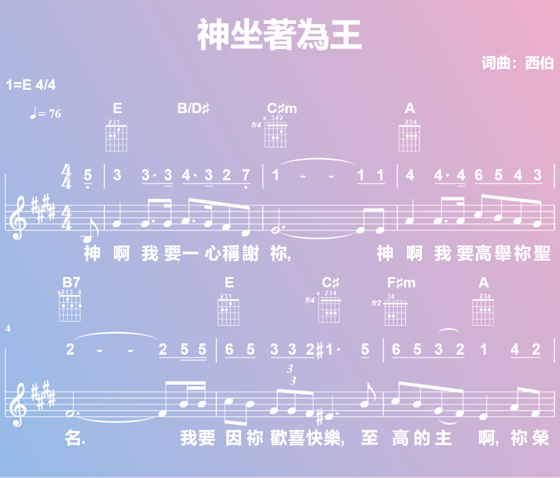 赞美诗歌谱：神坐著為王 (五线谱|简谱|和弦)