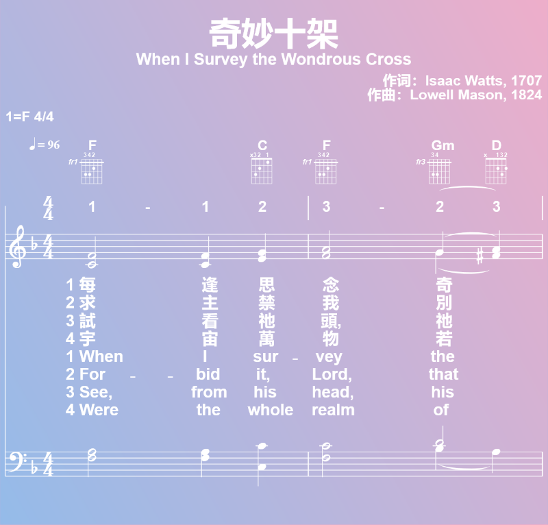 赞美诗歌谱：奇妙十架-When I Survey the Wondrous Cross (五线谱|简谱|和弦)