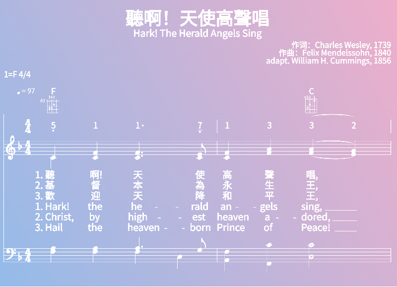 赞美诗歌谱：聽啊！天使高聲唱-Hark! The Herald Angels Sing (五线谱|简谱|和弦)