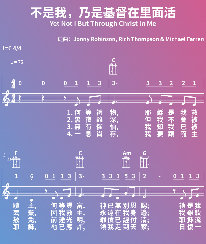 赞美诗歌谱：不是我，乃是基督在里面活-Yet Not I But Through Christ In Me (五线谱|简谱|和弦)