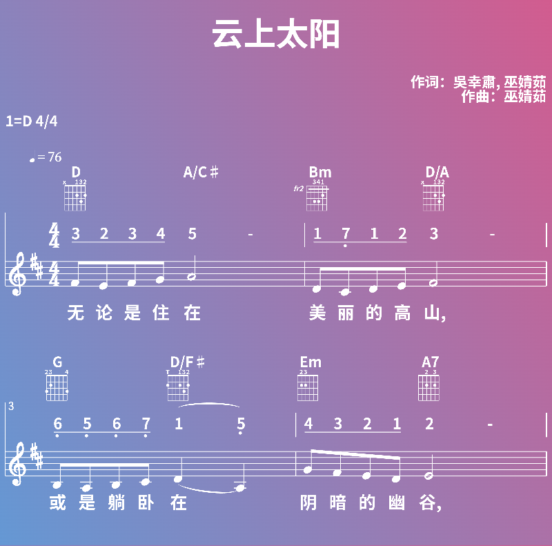 赞美诗歌谱：云上太阳 (五线谱|简谱|和弦)