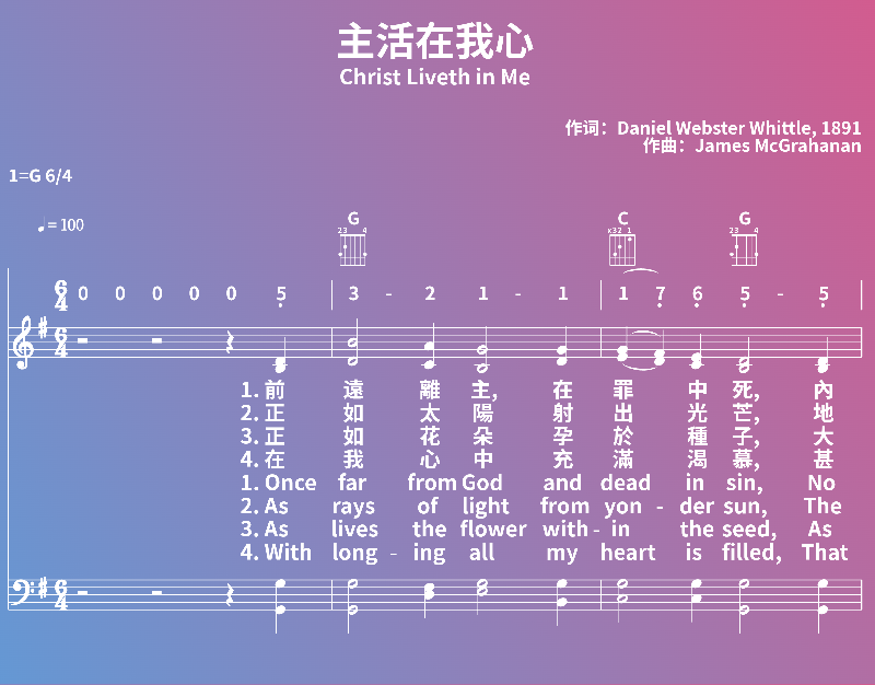 赞美诗歌谱：主活在我心-Christ Liveth in Me (五线谱|简谱|和弦)