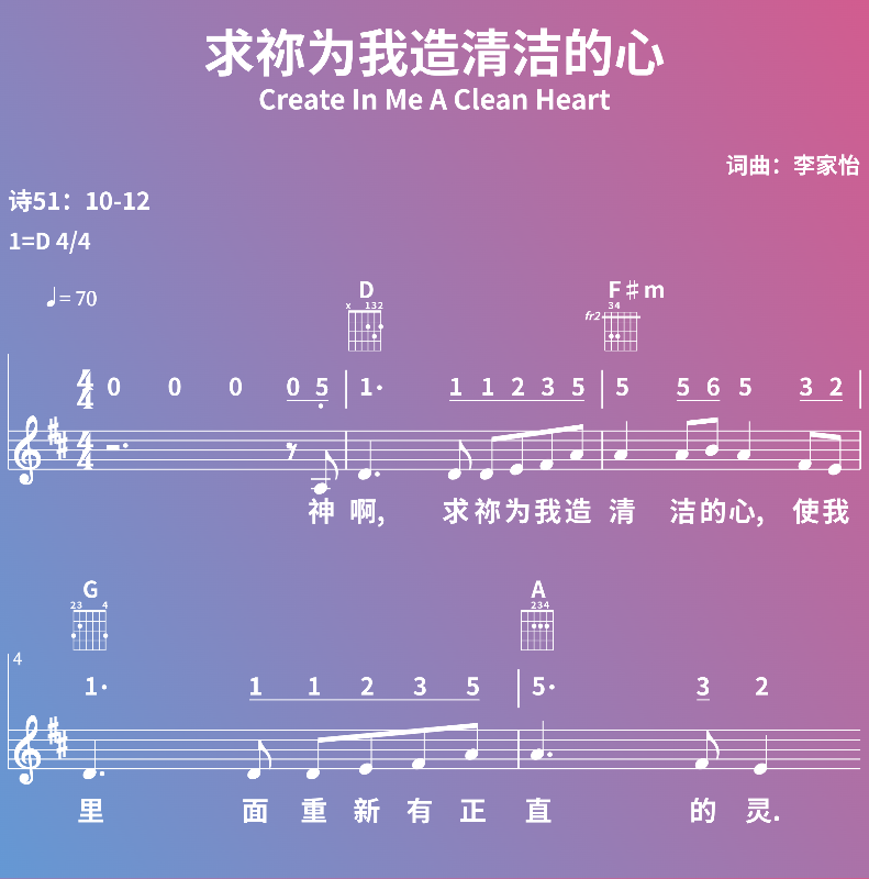 赞美诗歌谱：求祢为我造清洁的心-Create In Me A Clean Heart (五线谱|简谱|和弦)