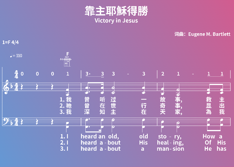 赞美诗歌谱：靠主耶穌得勝-Victory in Jesus (五线谱|简谱|和弦)