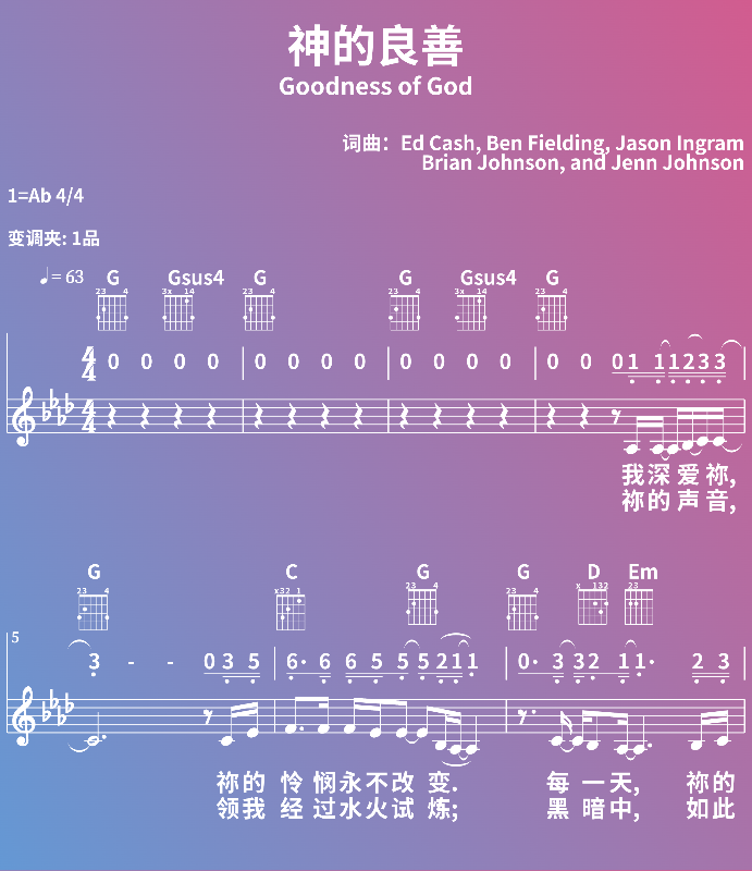 赞美诗歌谱：神的良善-Goodness of God (五线谱|简谱|和弦)