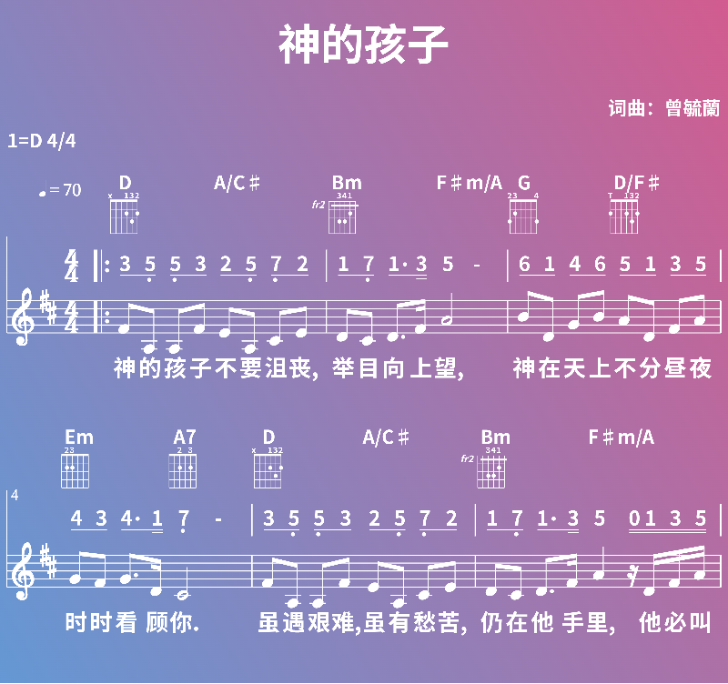 赞美诗歌谱：神的孩子 (五线谱|简谱|和弦)