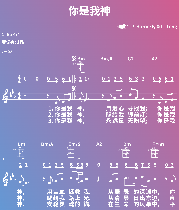 赞美诗歌谱：你是我神 (五线谱|简谱|和弦)