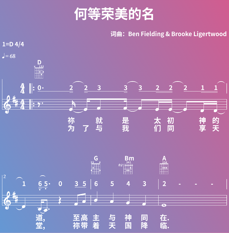 赞美诗歌谱：何等荣美的名 (五线谱|简谱|和弦)